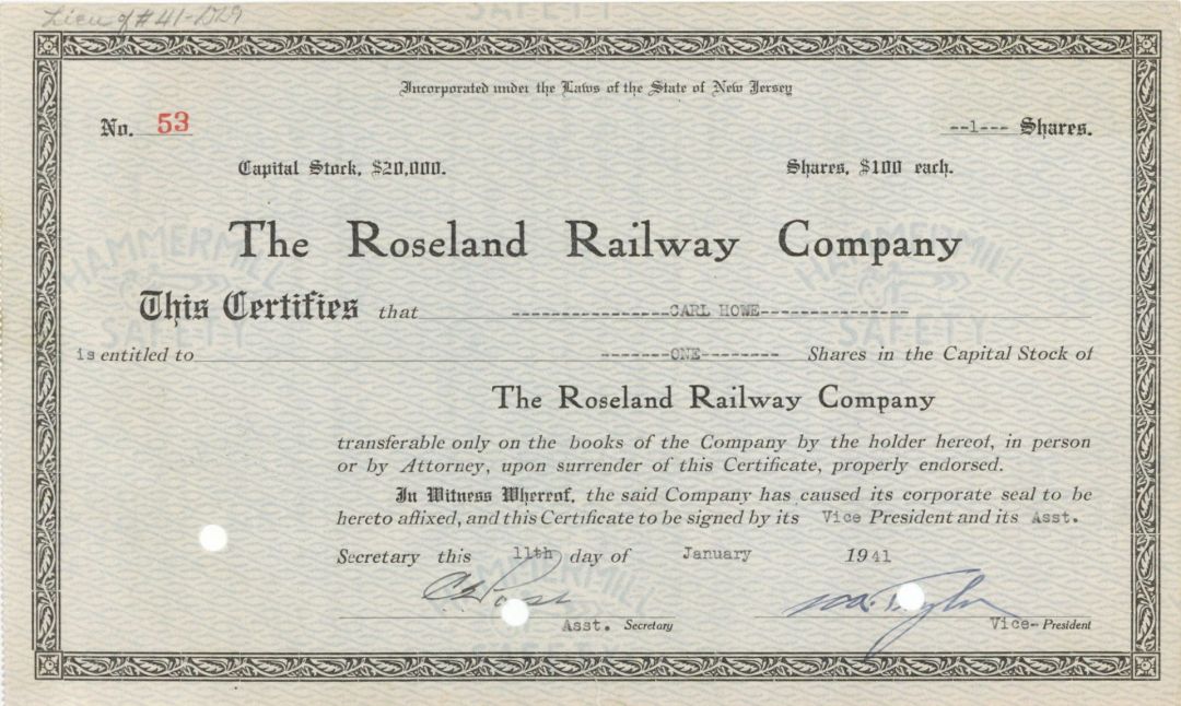 Roseland Railway Co. - Stock Certificate