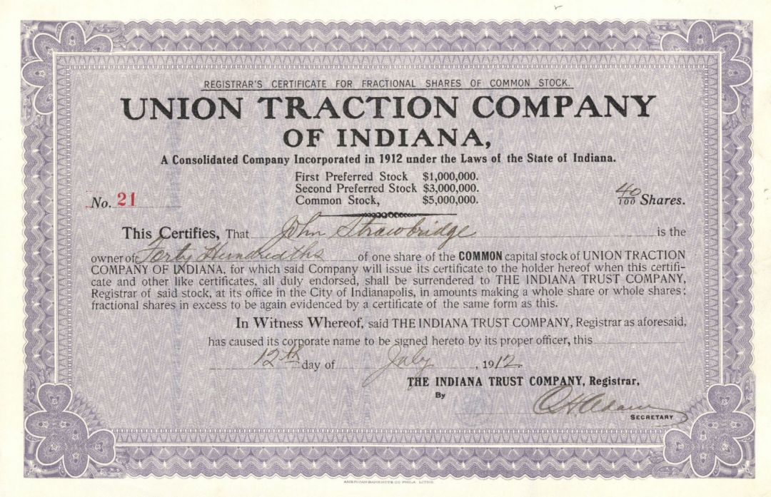 Union Traction Company of Indiana - 1912 dated Stock Certificate - Indiana Railroad