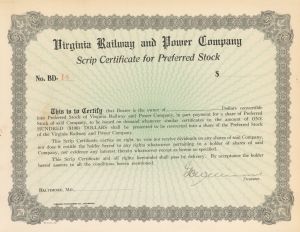 Virginia Railway and Power Company - Unissued Stock Certificate