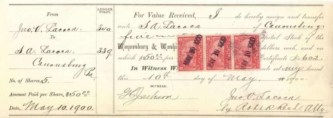 Waynesburg and Washington Railroad Co. - 1900 dated Railway Transfer Receipt of Stock