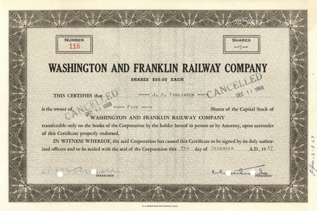 Washington and Franklin Railway Co. - Stock Certificate