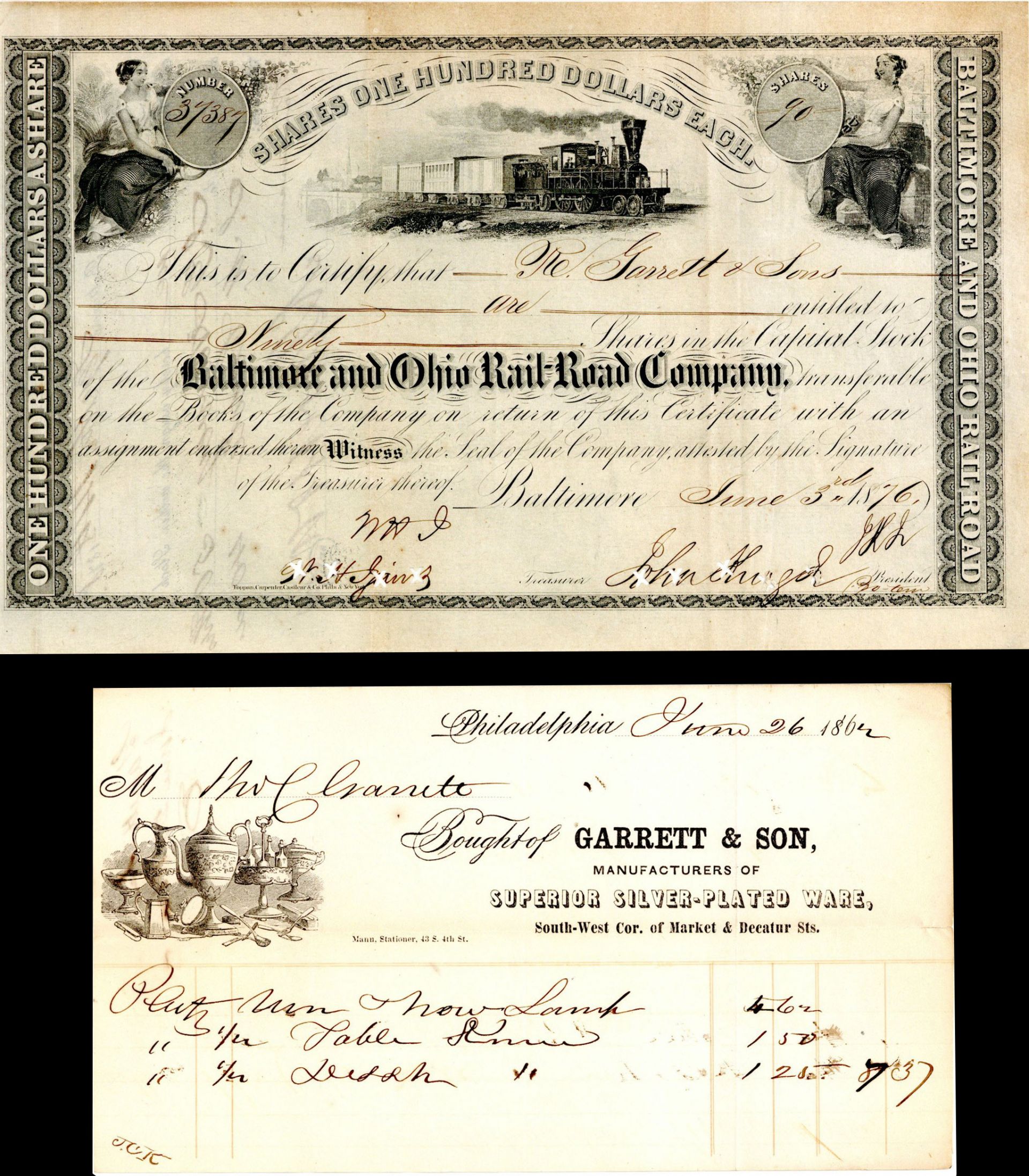 Baltimore and Ohio Rail-Road Co. with Garrett and Son Order Form - 1876 ...