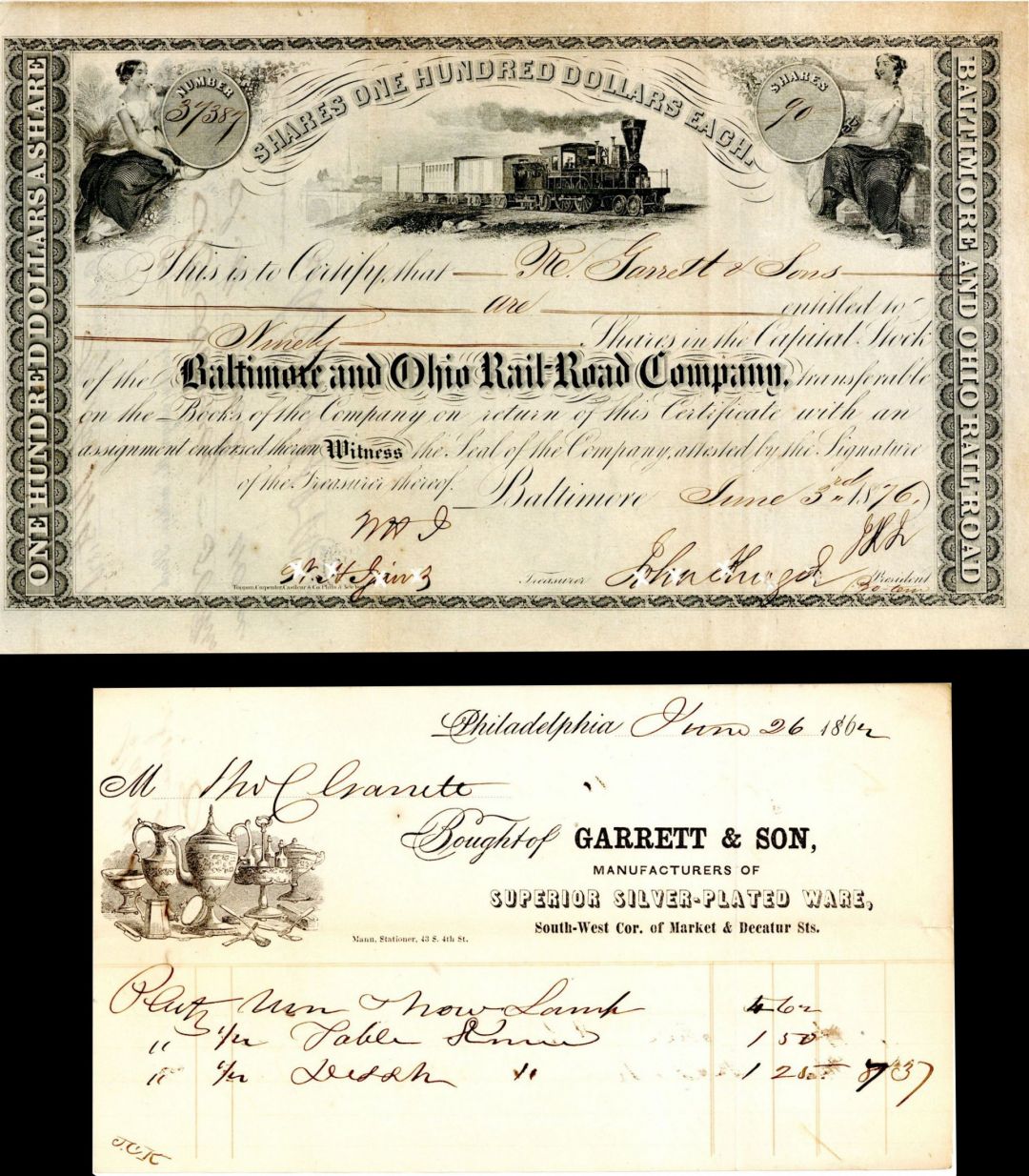 Baltimore and Ohio Rail-Road Co. with Garrett and Son Order Form - 1876 dated Stock Certificate with 1862 dated Receipt