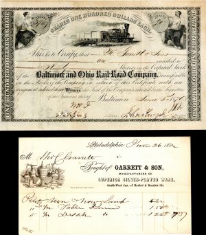 Baltimore and Ohio Rail-Road Co. with Garrett and Son Order Form - 1876 dated Stock Certificate with 1862 dated Receipt
