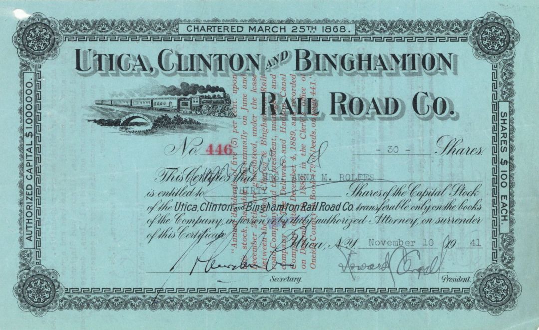 Utica, Clinton and Binghamton Rail Road Co. - Stock Certificate