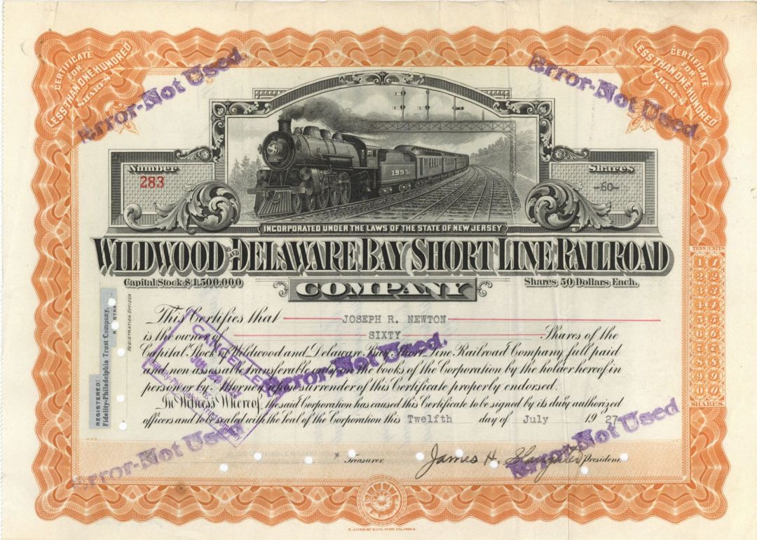 Wildwood and Delaware Bay Short Line Railroad Co. - 1927 dated Railway Stock Certificate