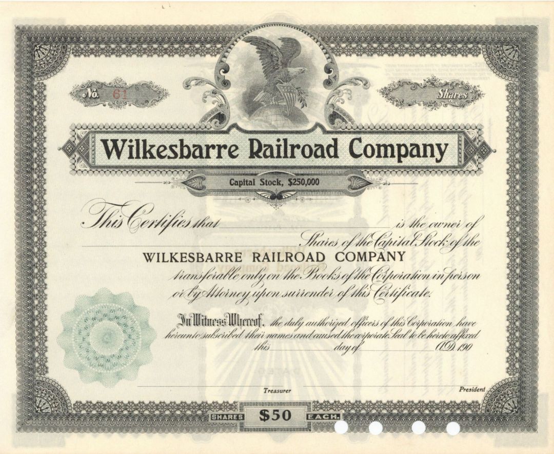 Wilkesbarre Railroad Co. - 1900's circa Unissued Pennsylvania Railway Stock Certificate