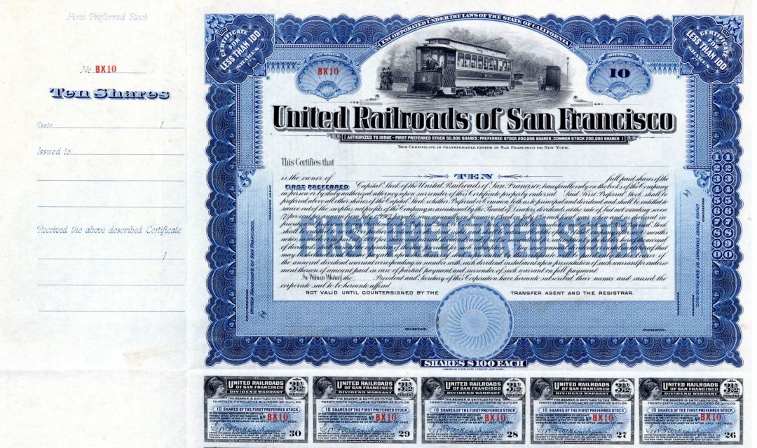 United Railroads of San Francisco - 1900's circa California Unissued Railway Stock Certificate