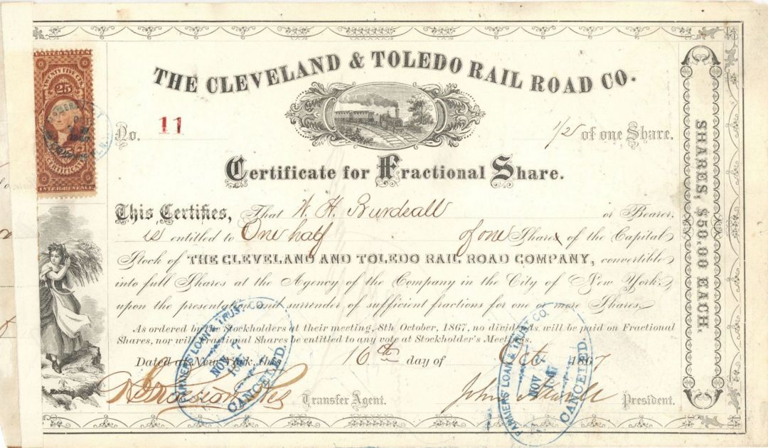 Cleveland and Toledo Rail Road Co. - 1867 Stock Certificate