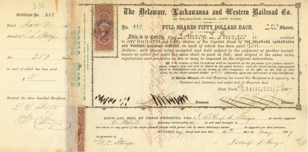 Delaware, Lackawanna and Western Railroad Co. - 1867 Railway Stock Certificate