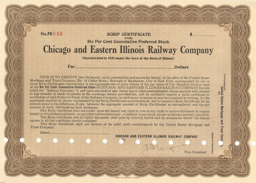 Chicago and Eastern Illinois Railway Co. - Unissued Railroad Stock Certificate