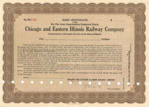 Chicago and Eastern Illinois Railway Co. - Unissued Railroad Stock Certificate