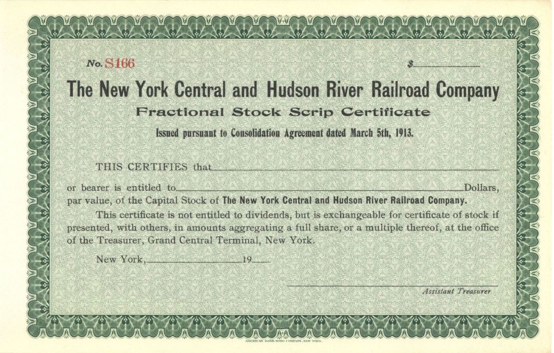 New York Central and Hudson River Railroad Co. - Unissued Railroad Stock Certificate