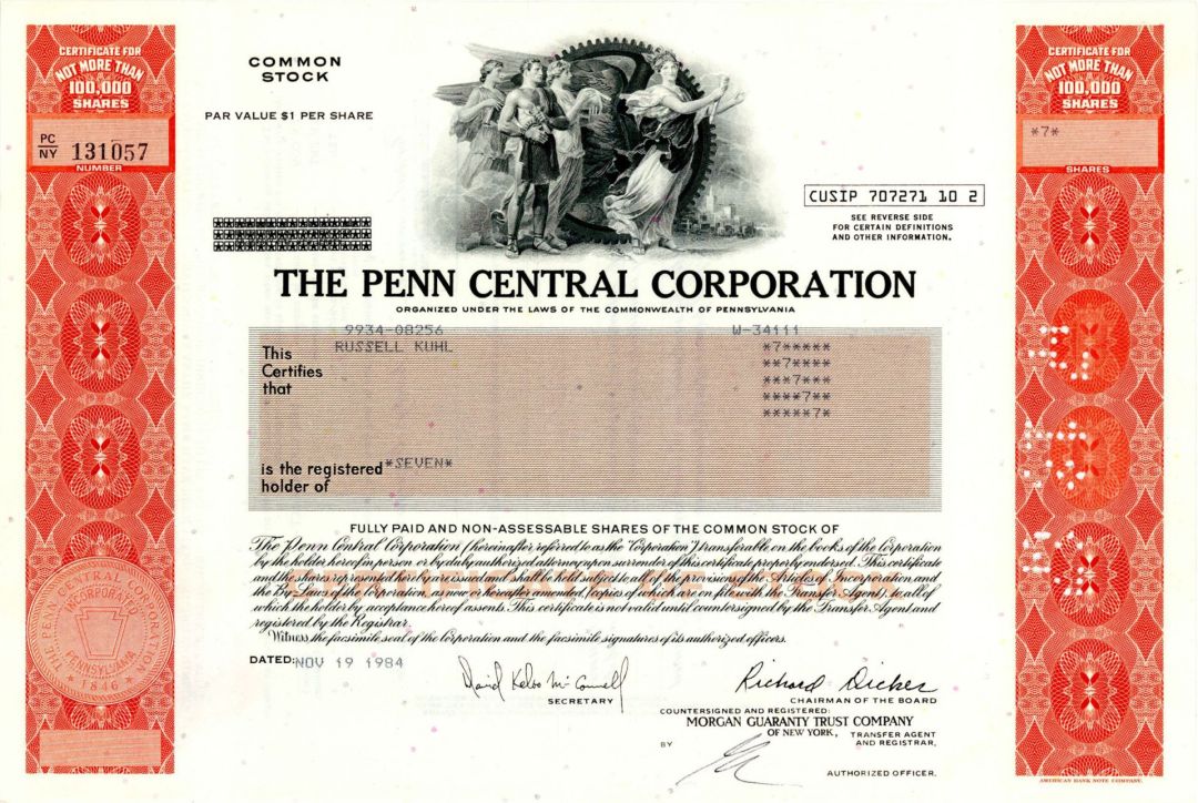Penn Central Corp. - 1984 dated Railroad Stock Certificate