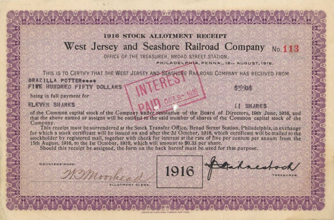 West Jersey and Seashore Railroad Co. - 1916 Railroad Stock Certificate