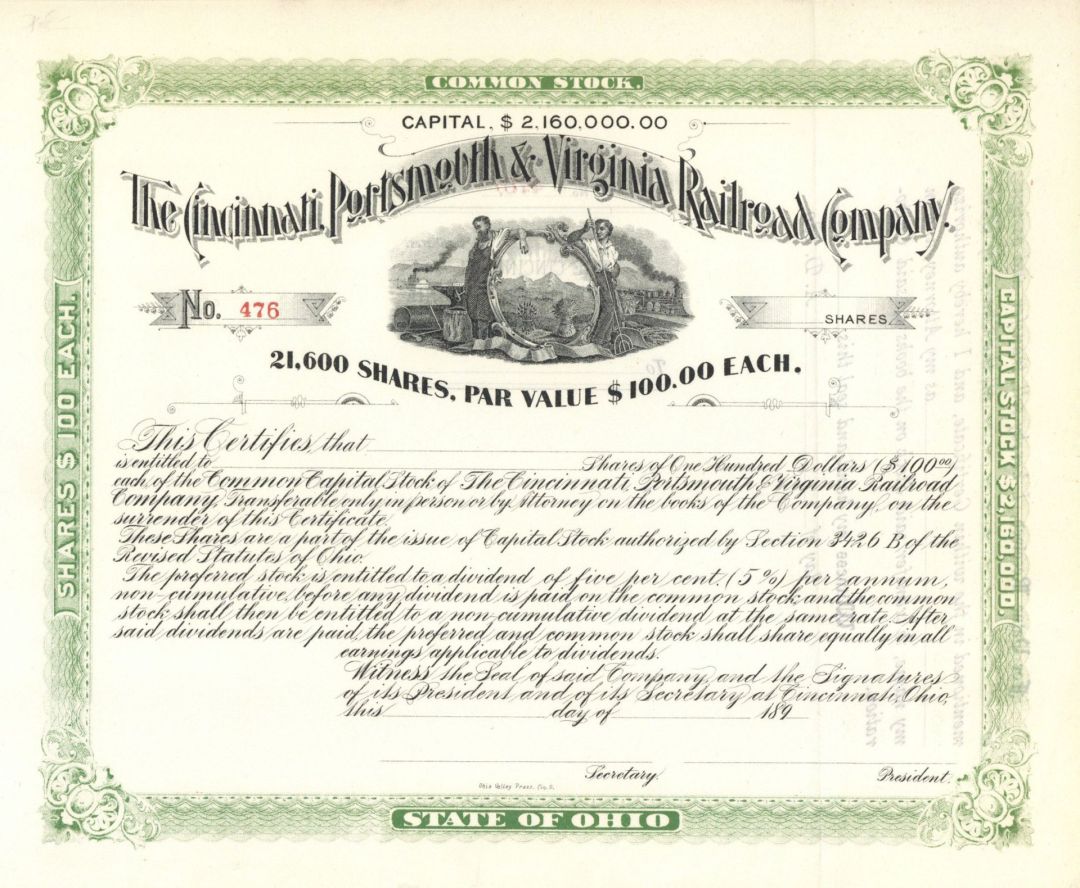 Cincinnati, Portsmouth and Virginia Railroad Co. - Unissued Railroad Stock Certificate