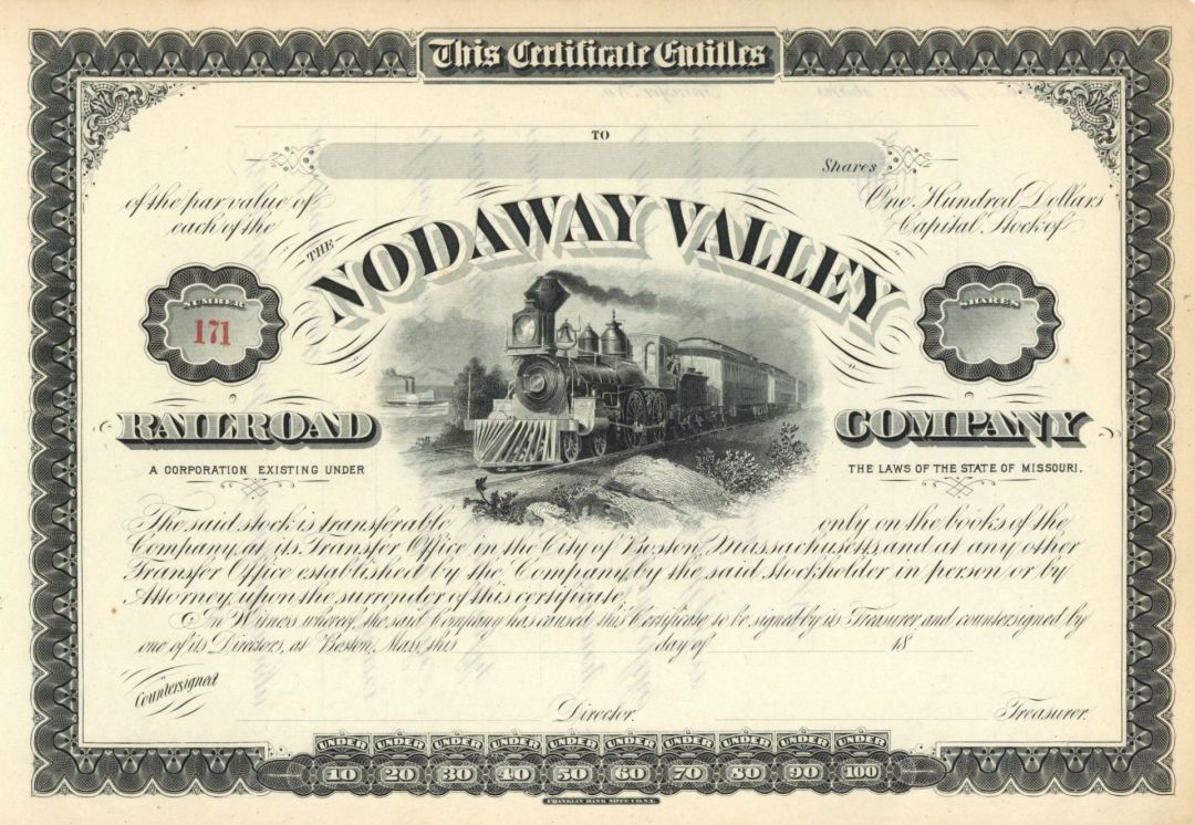 Nodaway Valley Railroad Co. - Unissued Railroad Stock Certificate - Some Top Margin Tears