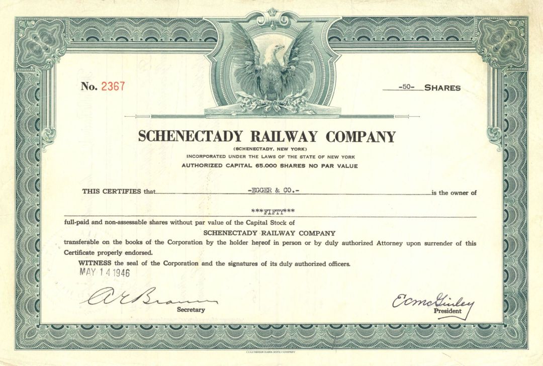 Schenectady Railway Co. - 1943-1951 dated Railroad Stock Certificate - New York