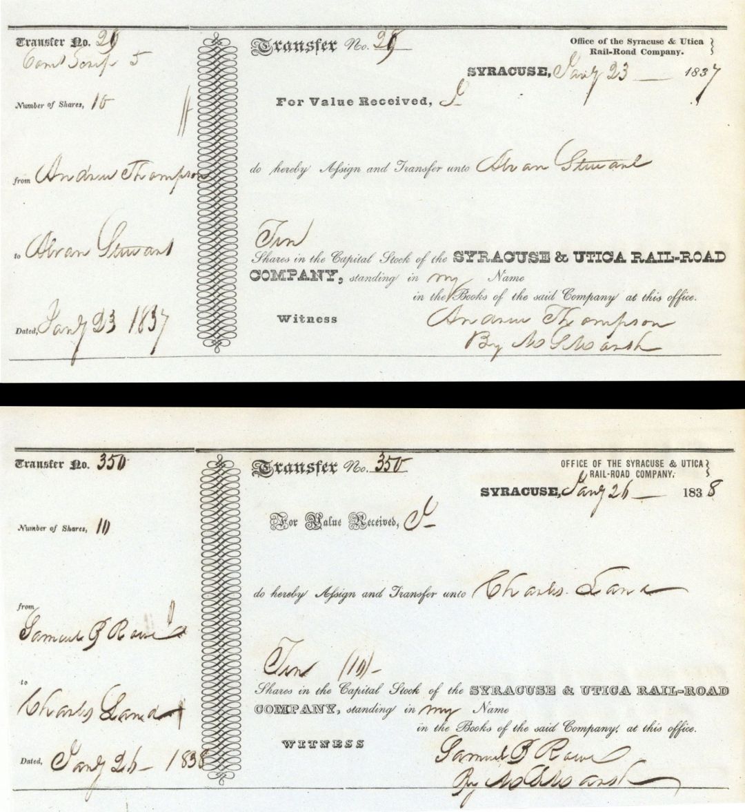 Pair of Syracuse and Utica Rail-Road Co. Stock Transfer Receipts - 1837-1840's dated 2 Railroad Stock Transfer Receipts - New York