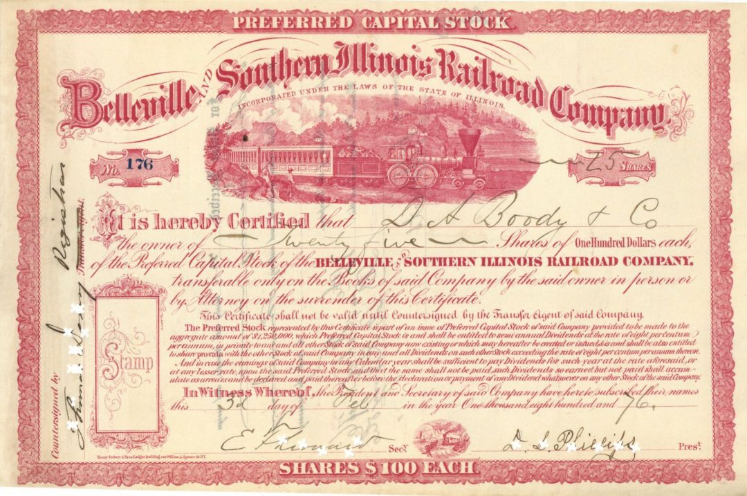 Belleville and Southern Illinois Railroad Co. - 1876 dated Railroad Stock Certificate