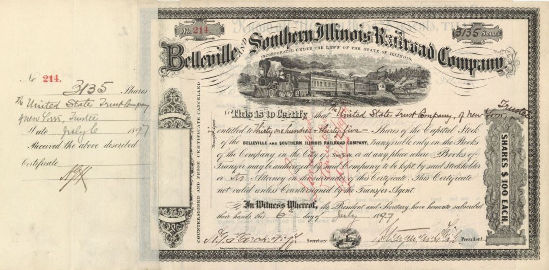 Belleville and Southern Illinois Railroad Co. - High Denomination Railroad Stock Certificate