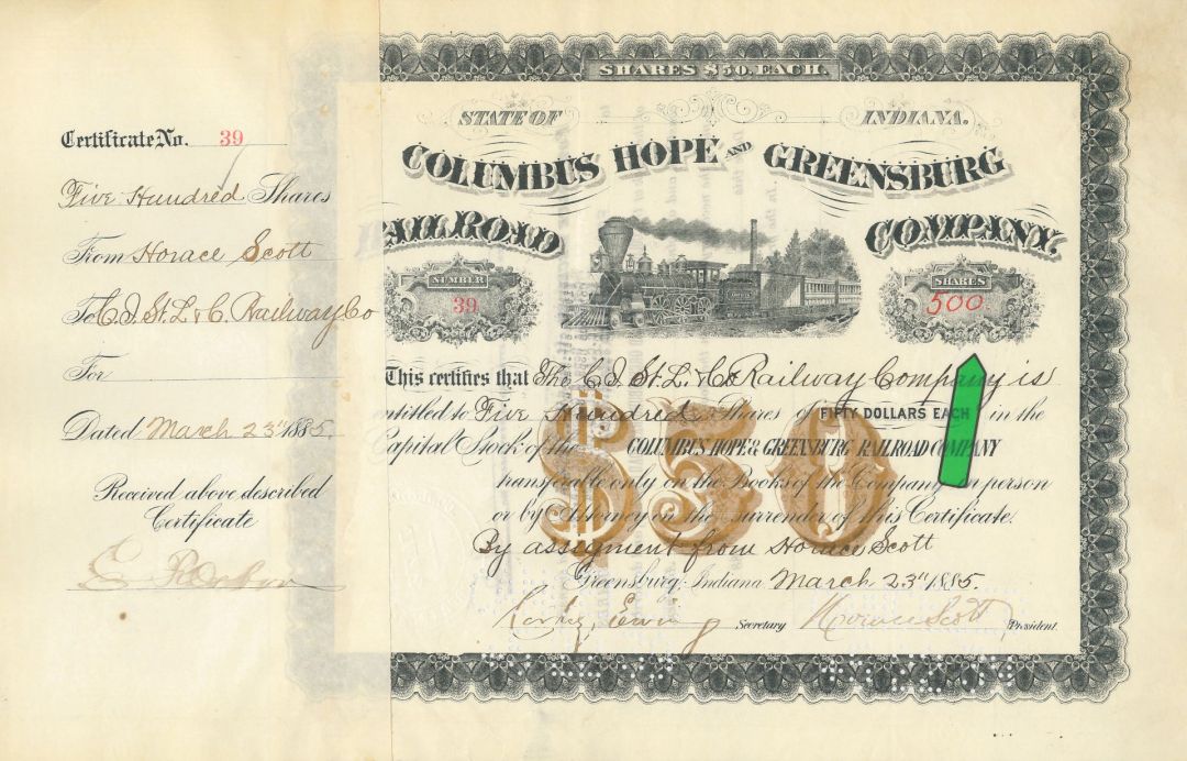 Columbus Hope and Greensburg Railroad Co. - High Denomination 1885 dated Railroad Stock Certificate