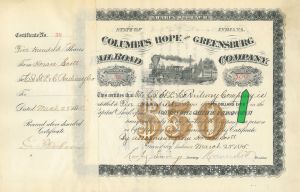 Columbus Hope and Greensburg Railroad Co. - High Number of Shares - 1885 dated Railroad Stock Certificate