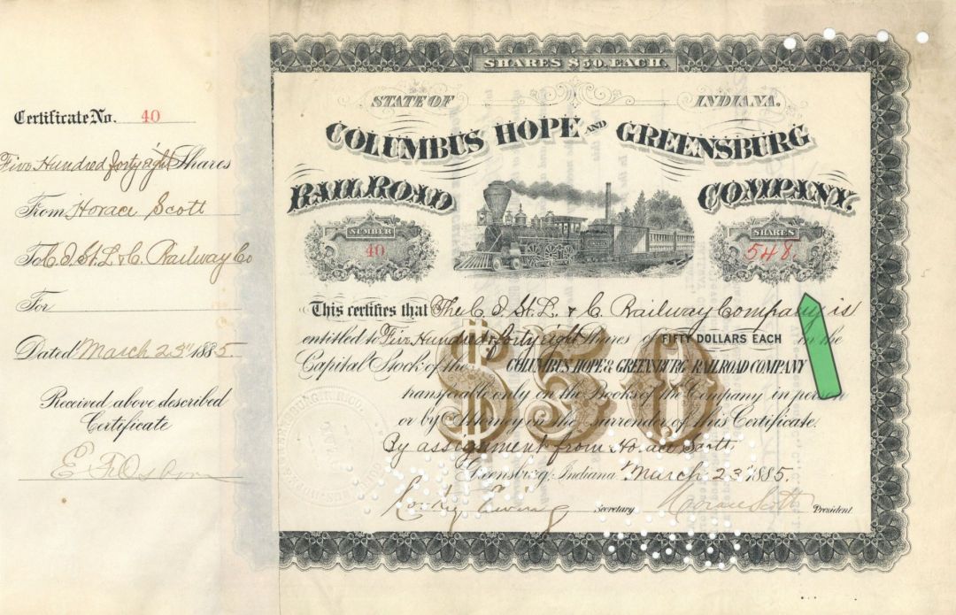 Columbus Hope and Greensburg Railroad Co. - High Denomination 1885 dated Railroad Stock Certificate