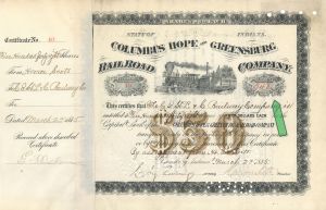 Columbus Hope and Greensburg Railroad Co. - High Denomination Railroad Stock Certificate
