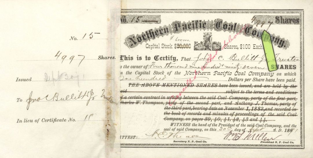 Northern Pacific Coal Co. - High Denomination Railroad Stock Certificate