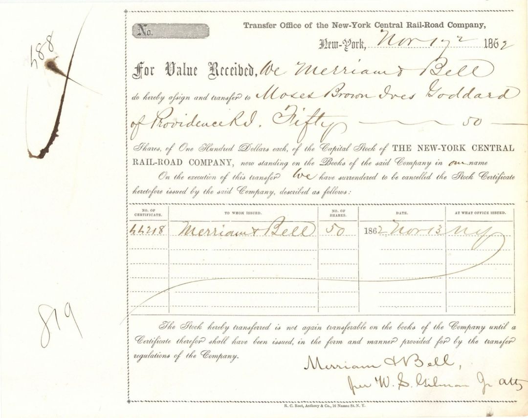 New-York Central Rail-Road Co. - 1862 dated Stock Certificate