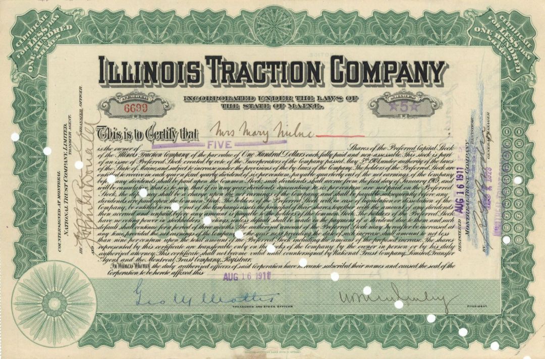 Illinois Traction Co.  - 1911-1914 dated Stock Certificate