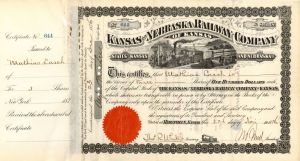 Kansas and Nebraska Railway Co.  - 1876 dated Stock Certificate