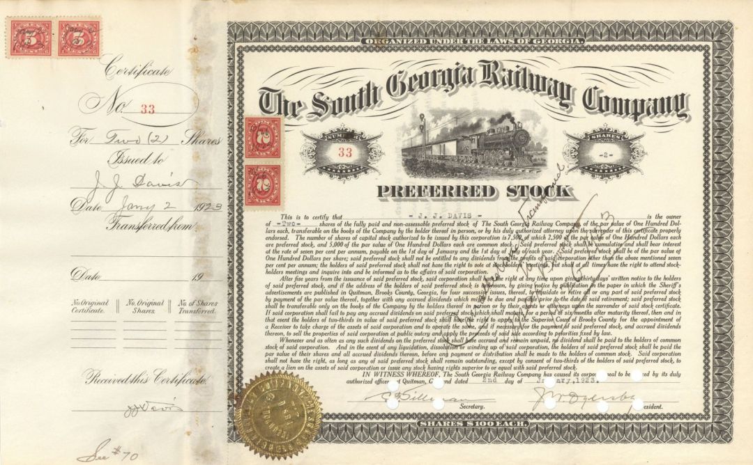 South Georgia Railway Co.  - 1923 dated Stock Certificate