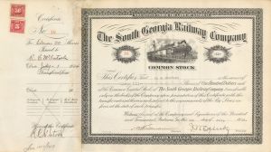 South Georgia Railway Co.  - 1924-1926 dated Stock Certificate