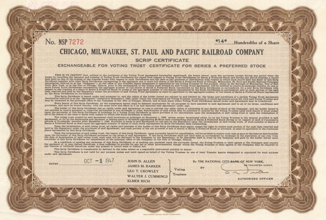 Chicago, Milwaukee, St. Paul and Pacific Railroad Co. - 1947 dated Railroad Stock Certificate