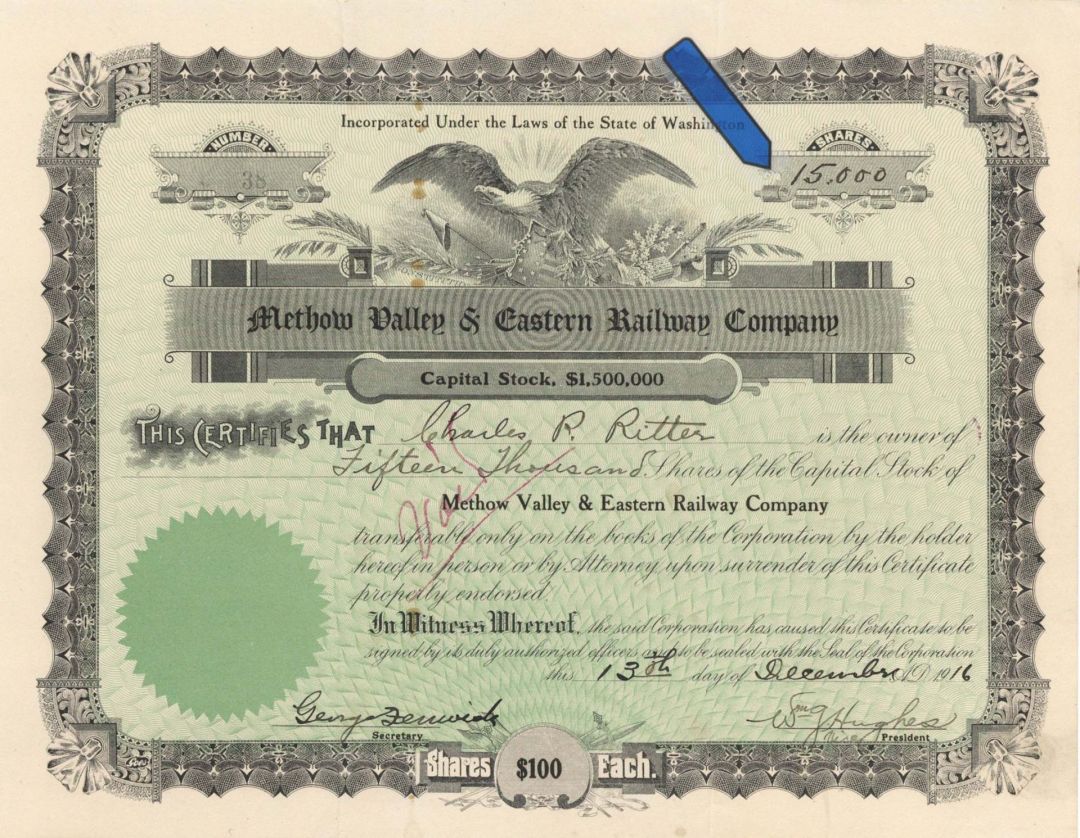 Methow Valley and Eastern Railway Co.  -  1916 dated Stock Certificate