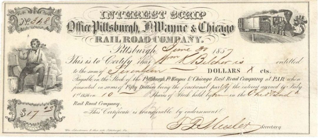 Pittsburgh, Ft. Wayne and Chicago Railroad Co. Interest Scrip -  1857 or 1858 dated Stock Certificate