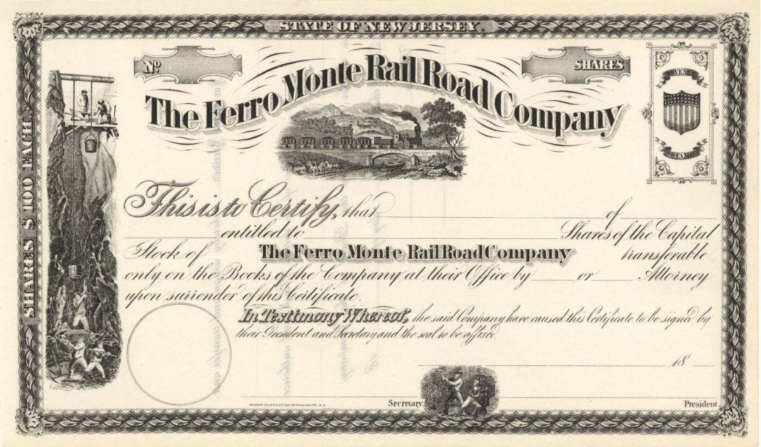 Ferro Monte Railroad Co. -  Unissued Stock Certificate