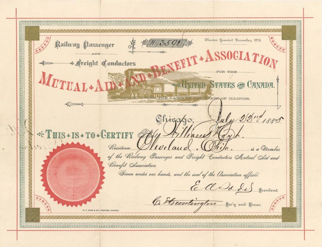 Railway Passenger and Freight Conductors Certificate -  1885 dated Membership Certificate