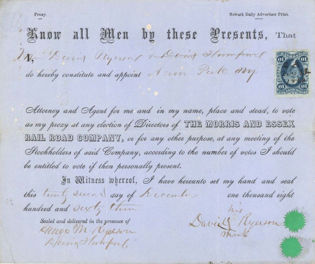 Morris and Essex Rail Road Co. - 1863 or 1864 dated Attorney Appointment Sheet