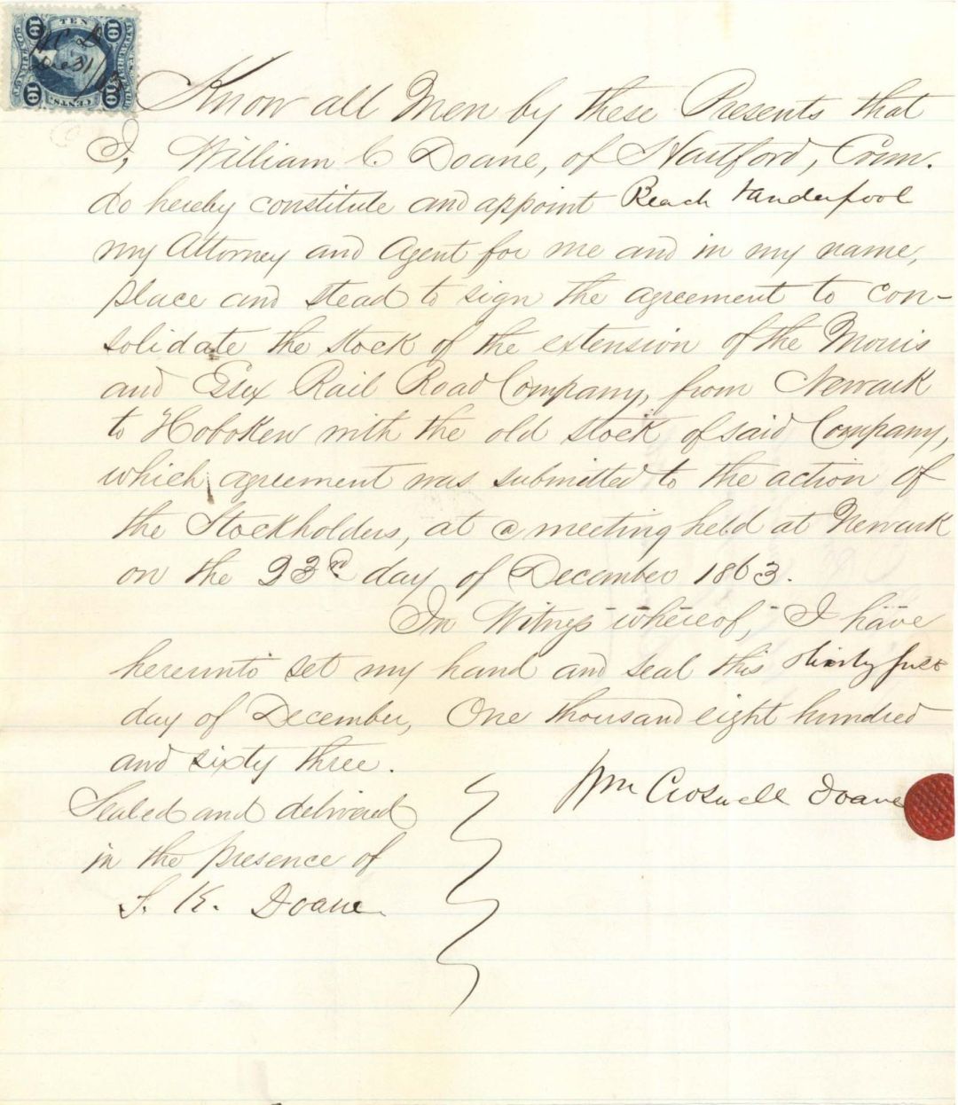 Morris and Essex Rail Road Co. - 1863 dated Attorney Appointment Sheet