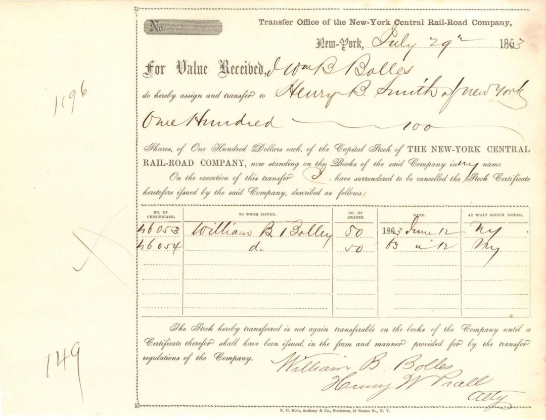 New York Central Rail Road Co. - 1863 dated Stock Share Transfer
