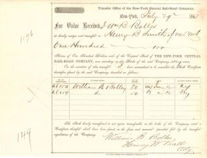 New York Central Rail Road Co. - 1863 dated Stock Share Transfer