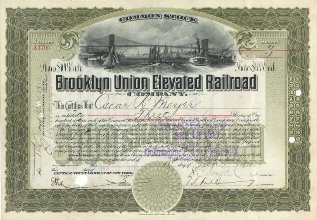 Brooklyn Union Elevated Railroad Co. - 1910 dated Stock Certificate