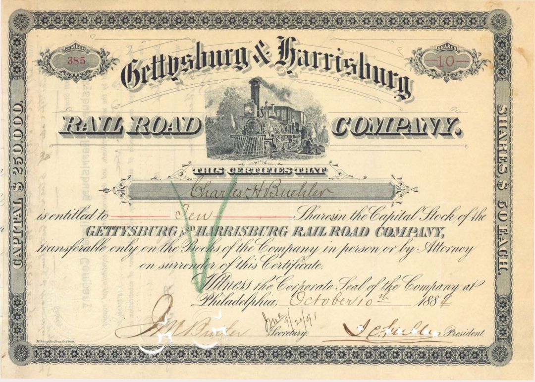 Gettysburg and Harrisburg Railroad Co. - 1884 dated Stock Certificate