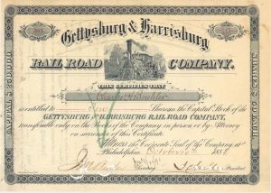 Gettysburg and Harrisburg Railroad Co. - 1884 dated Stock Certificate