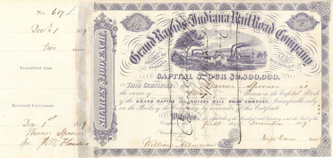 Grand Rapids and Indiana Rail Road Co. - 1859 dated Stock Certificate