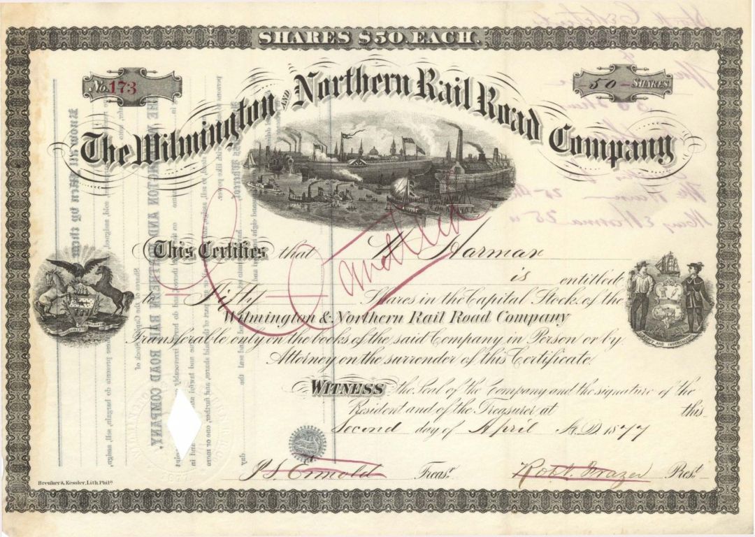 Wilmington and Northern Rail Road Co. - 1877 dated Stock Certificate
