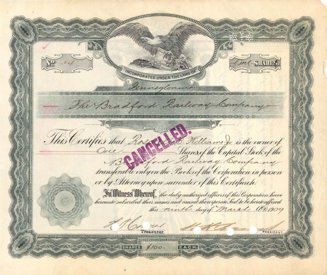 Bradford Railway Co. - 1909 dated Stock Certificate